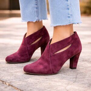 Eileen Fisher Sangria Booties 7 Wine Red Peek Suede Side Cutout Heeled Shooties